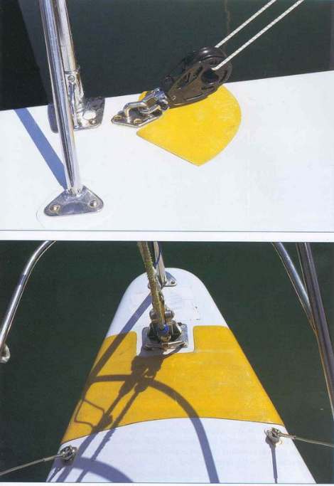 Кевларовые накладки защищают палубу от повреждений концом спинакер – гика на носу лодки и от истирания вокруг блоков спинакер – брасов. 